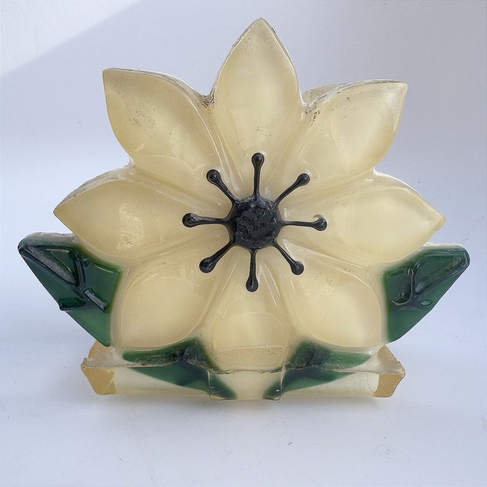 VTG 60s Wondermold Napkin Holder Lucite Yellow Flower Black Stamen Resin Kitchen